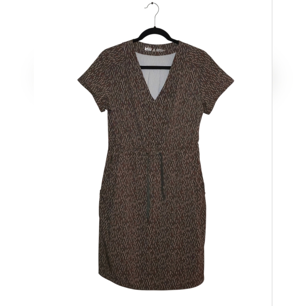 REI Co-op Green Print Casual Dress | V-Neck, Drawstring Waist | Size M